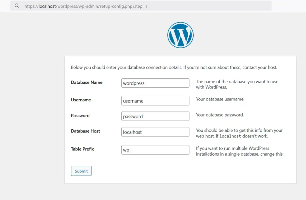 WordPress setup wizard