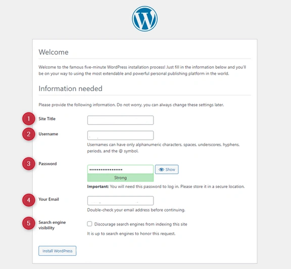 WordPress setup wizard