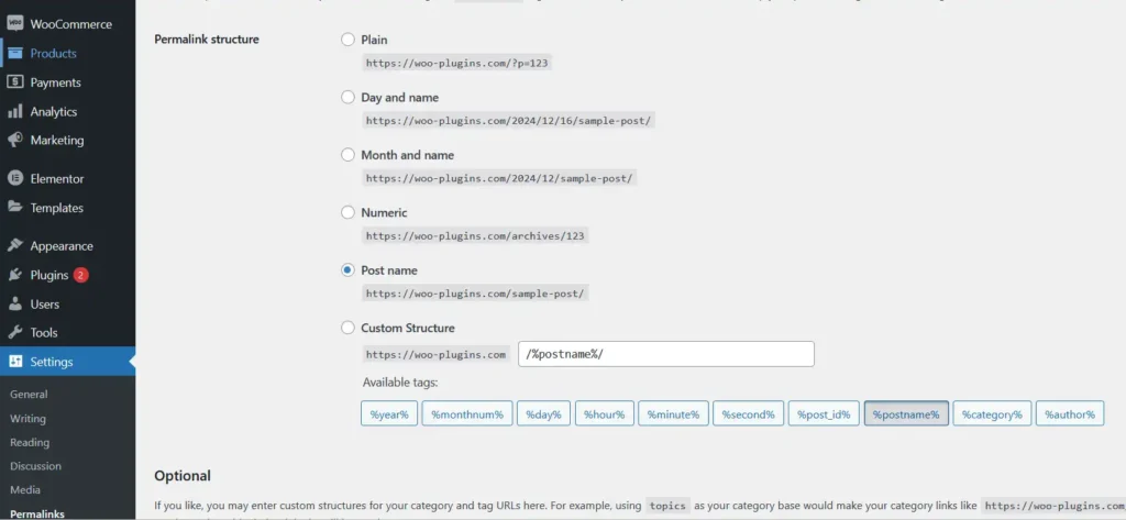 WordPress permalink settings