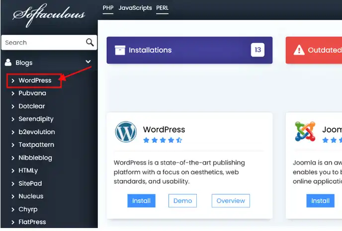 Installing WordPress with Softaculous