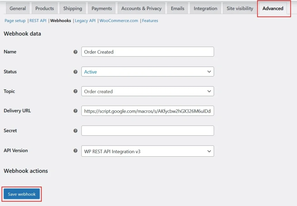 Paste the Web App URL into the Delivery URL field of your WooCommerce webhook