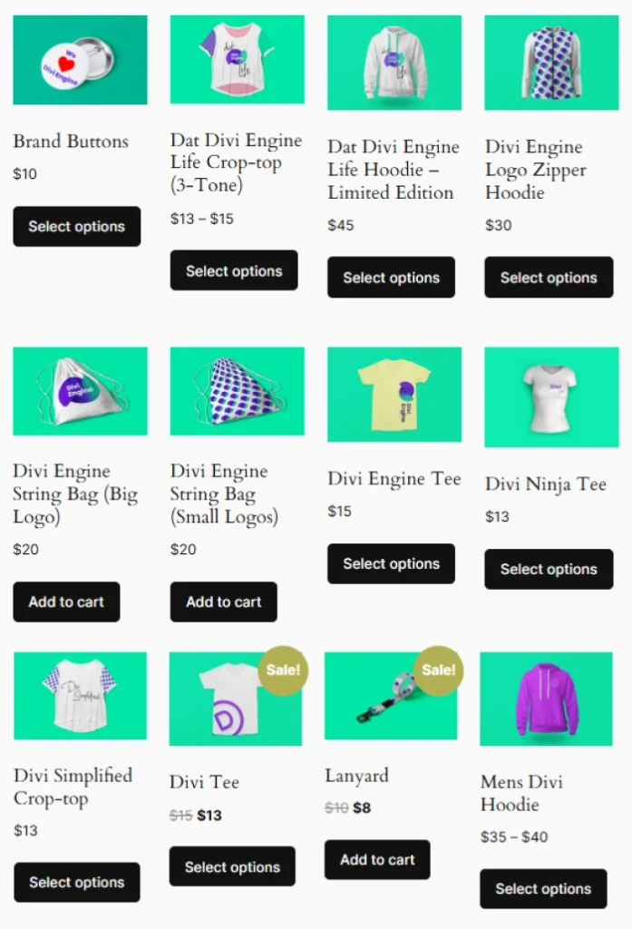 Example of scenario 1, showing 12 products in 4 columns with WooCommerce products shortcode