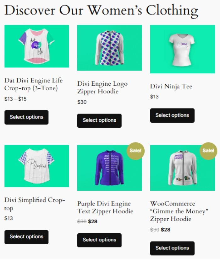 Result of product category WooCommerce shortcode ([product_cat​egory category="Women" columns="3" limit="6"])