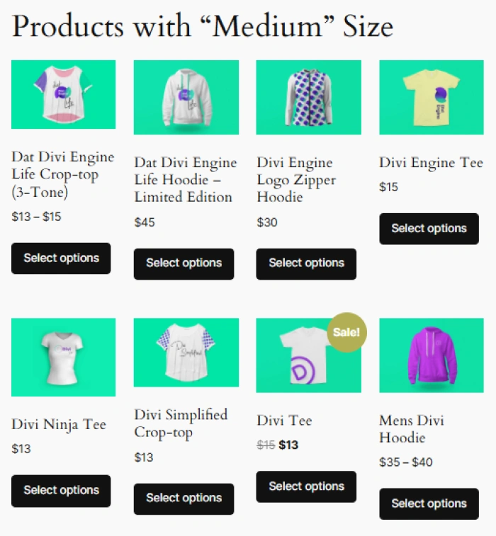 Result of product attribute WooCommerce shortcode ([product_​attribute attribute="Size" filter="Medium"])